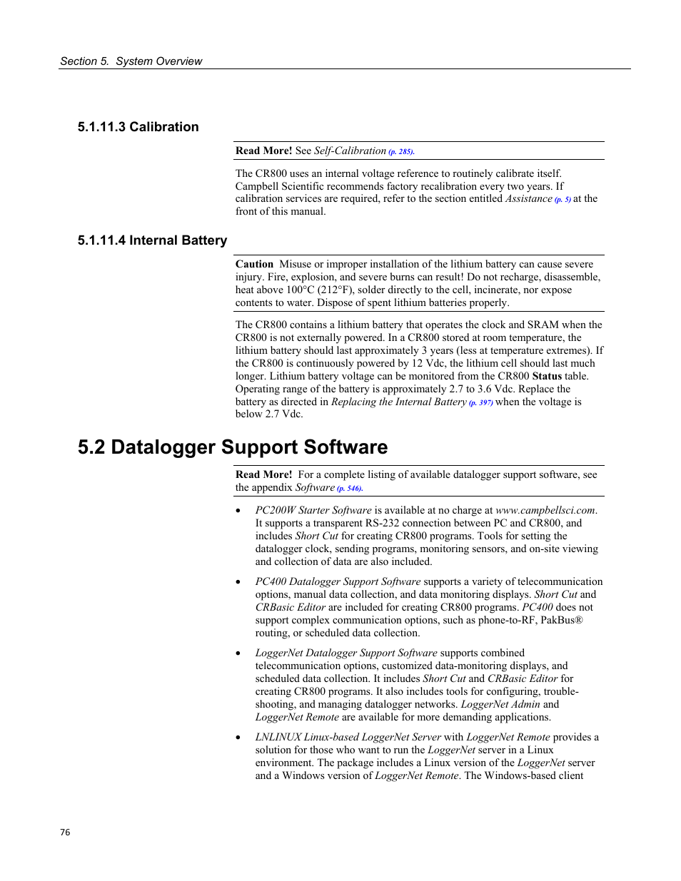 3 calibration, 4 internal battery, 2 datalogger support software | Campbell Scientific CR800 and CR850 Measurement and Control Systems User Manual | Page 76 / 566