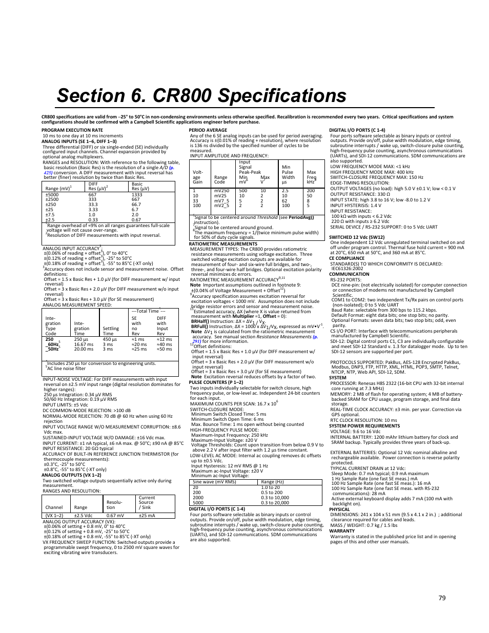 Section 6. cr800 specifications | Campbell Scientific CR800 and CR850 Measurement and Control Systems User Manual | Page 79 / 566