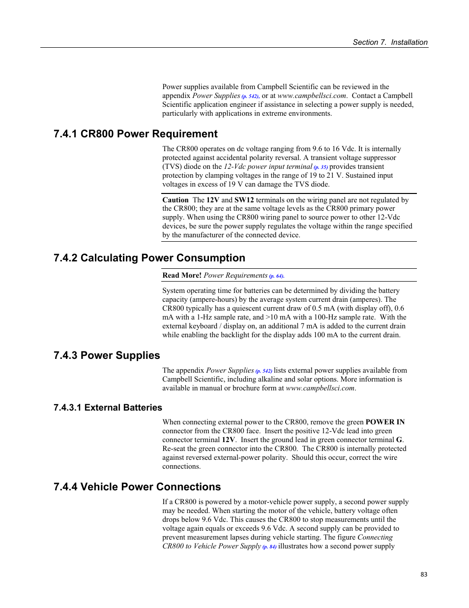 1 cr800 power requirement, 2 calculating power consumption, 3 power supplies | 1 external batteries, 4 vehicle power connections | Campbell Scientific CR800 and CR850 Measurement and Control Systems User Manual | Page 83 / 566