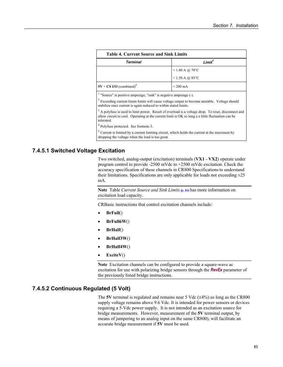 1 switched voltage excitation, 2 continuous regulated (5 volt) | Campbell Scientific CR800 and CR850 Measurement and Control Systems User Manual | Page 85 / 566