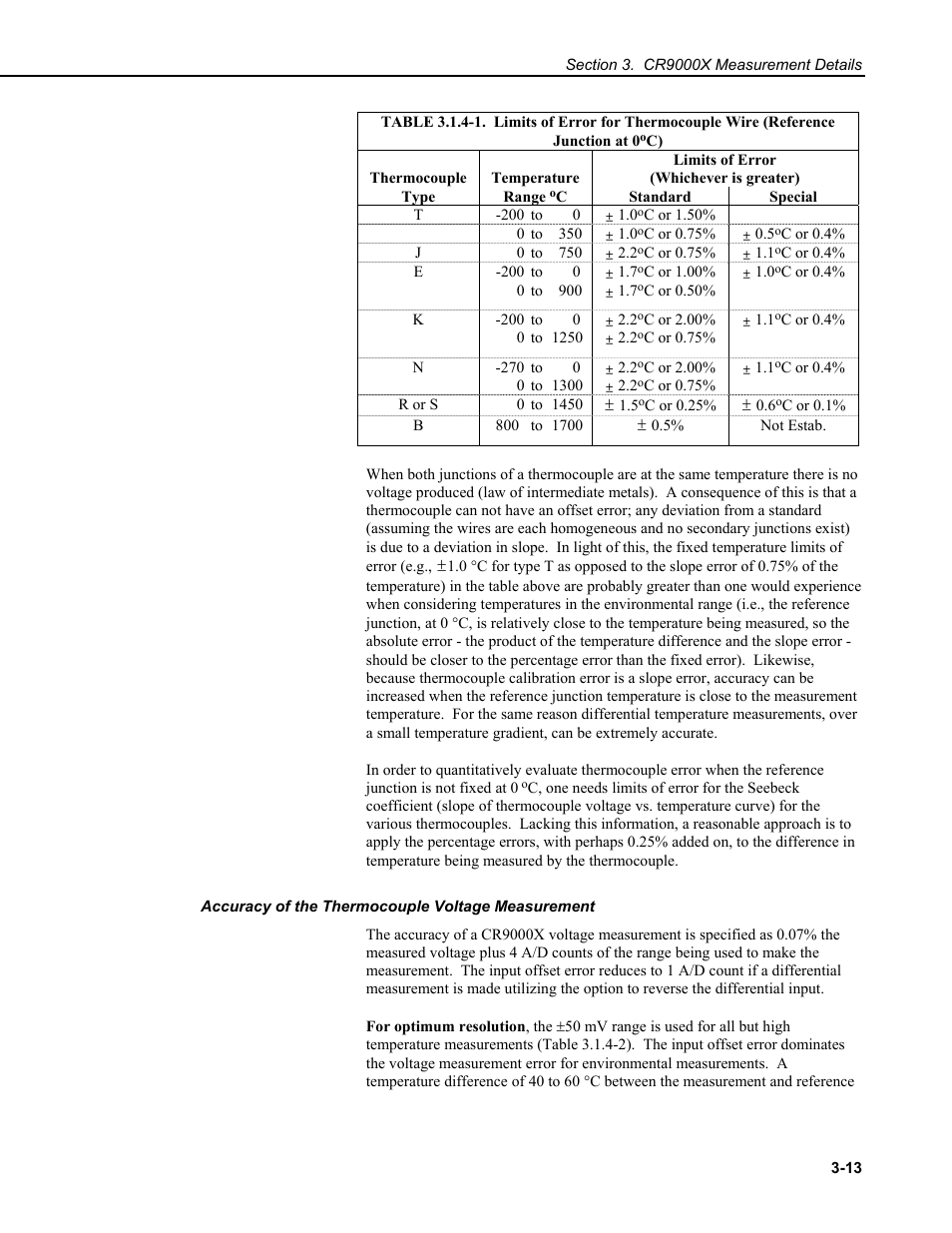 Accuracy of the thermocouple voltage measurement | Campbell Scientific CR9000X Measurement and Control System User Manual | Page 101 / 442