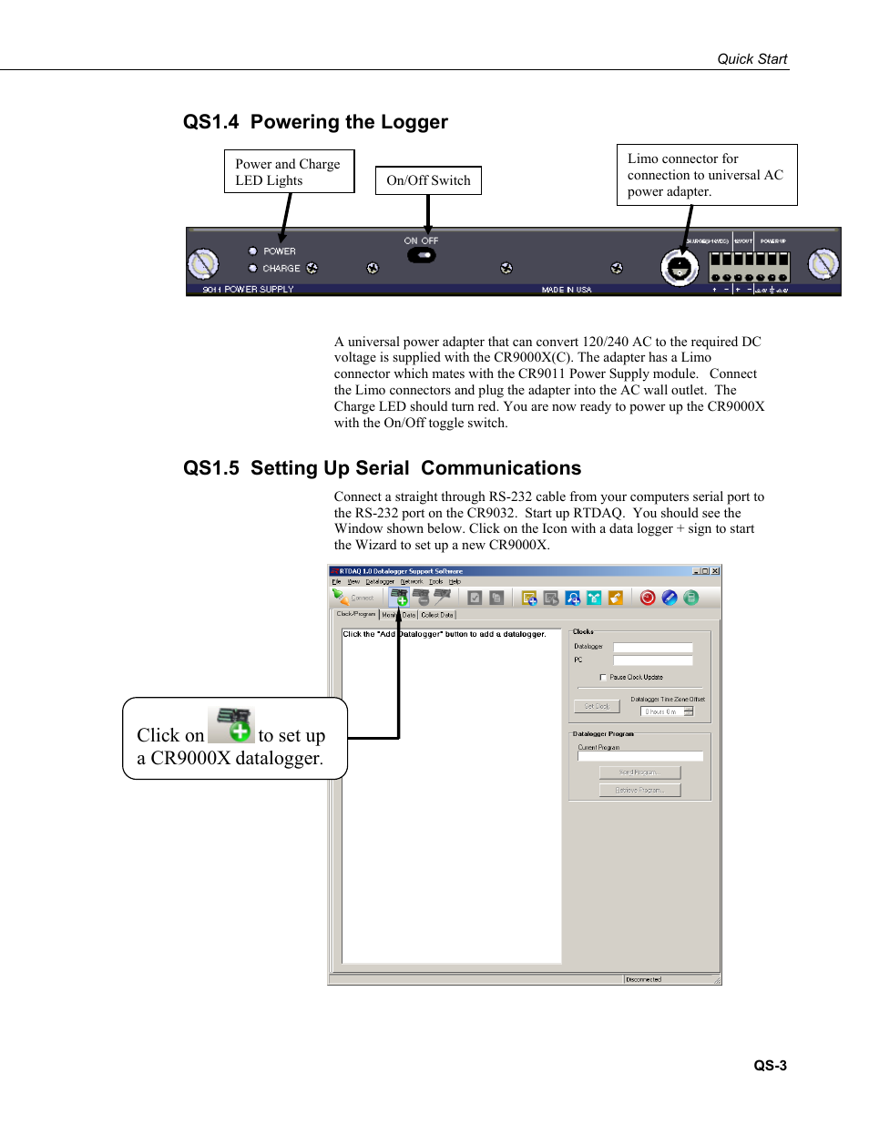 Qs1.4 powering the logger, Qs1.5 setting up serial communications, Click on | Datalogger | Campbell Scientific CR9000X Measurement and Control System User Manual | Page 11 / 442