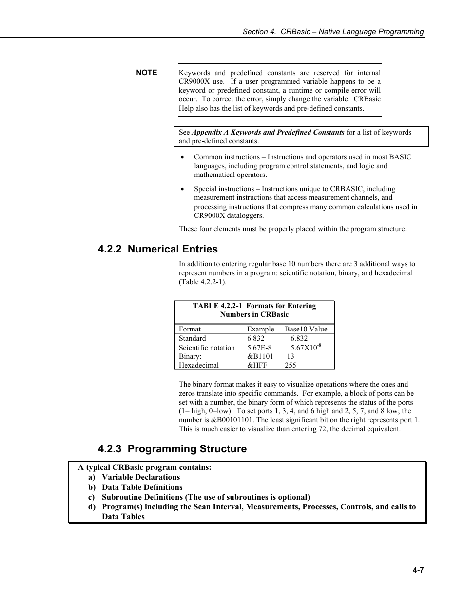 2 numerical entries, 3 programming structure | Campbell Scientific CR9000X Measurement and Control System User Manual | Page 135 / 442