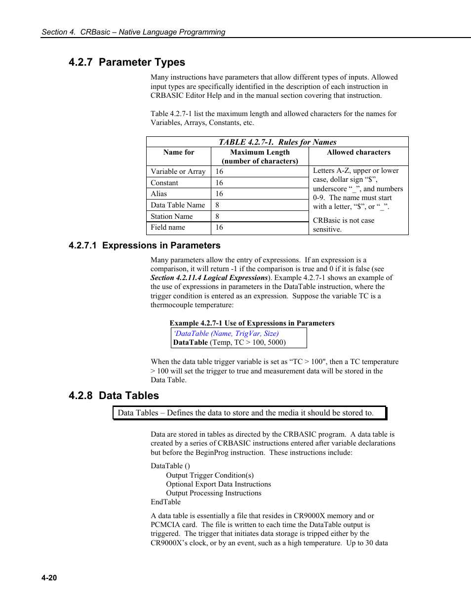 7 parameter types, Name for, 1 expressions in parameters | 8 data tables | Campbell Scientific CR9000X Measurement and Control System User Manual | Page 148 / 442