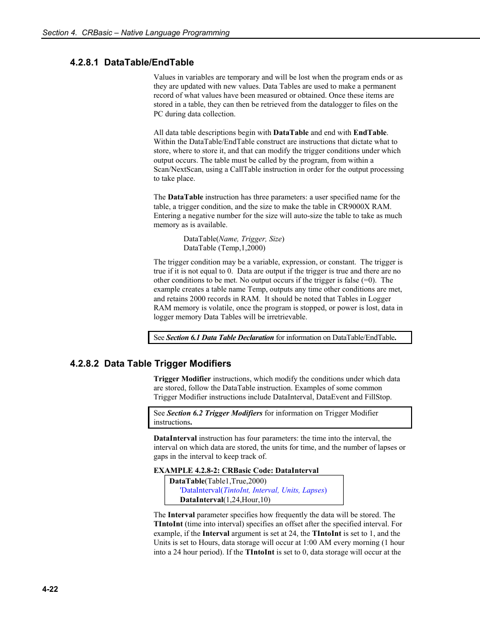 1 datatable/endtable, 2 data table trigger modifiers | Campbell Scientific CR9000X Measurement and Control System User Manual | Page 150 / 442