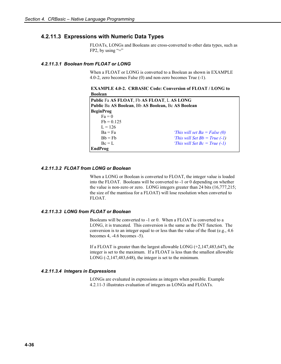 3 expressions with numeric data types, 1 boolean from float or long, 2 float from long or boolean | 3 long from float or boolean, 4 integers in expressions | Campbell Scientific CR9000X Measurement and Control System User Manual | Page 164 / 442
