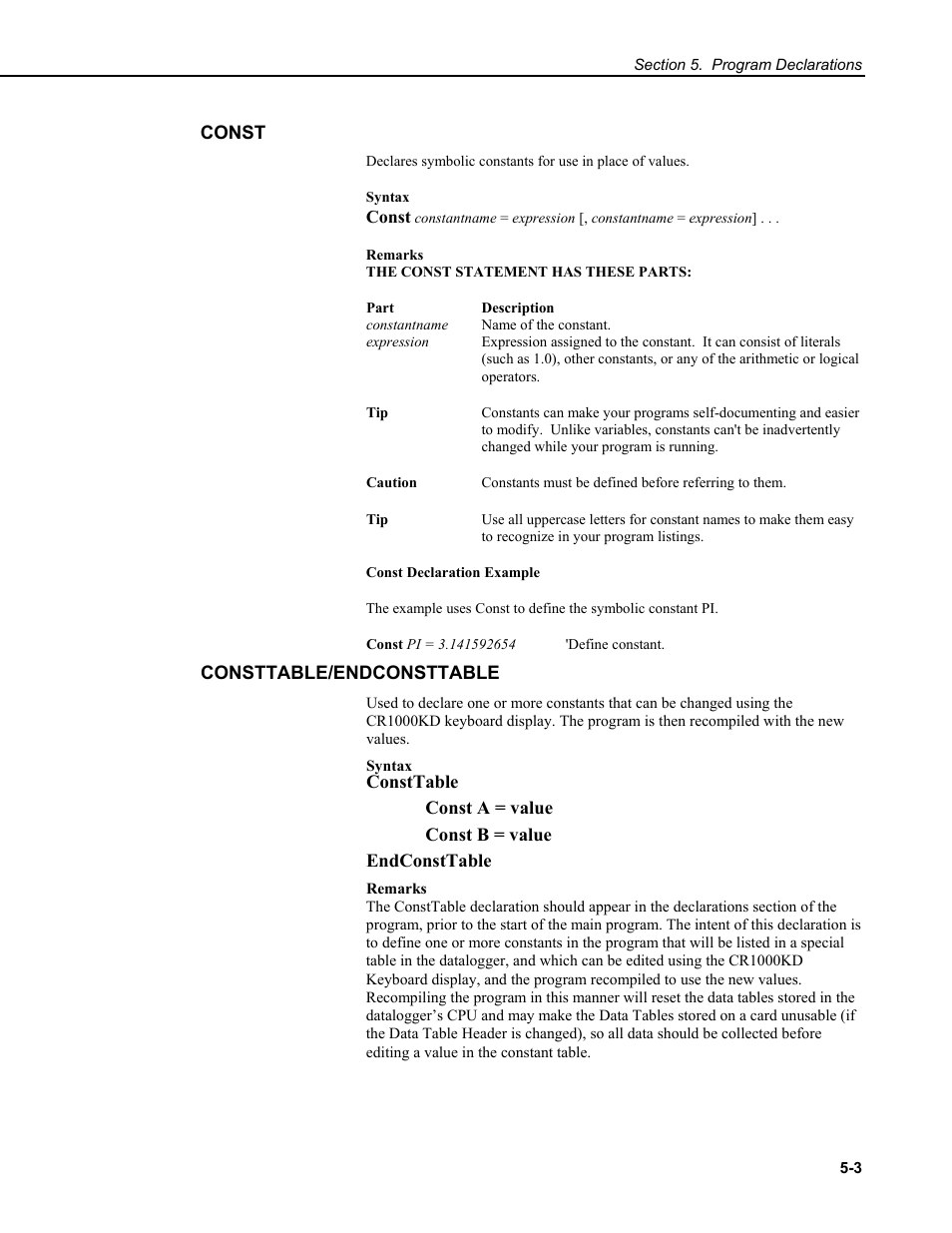 Const, Consttable/endconsttable | Campbell Scientific CR9000X Measurement and Control System User Manual | Page 173 / 442