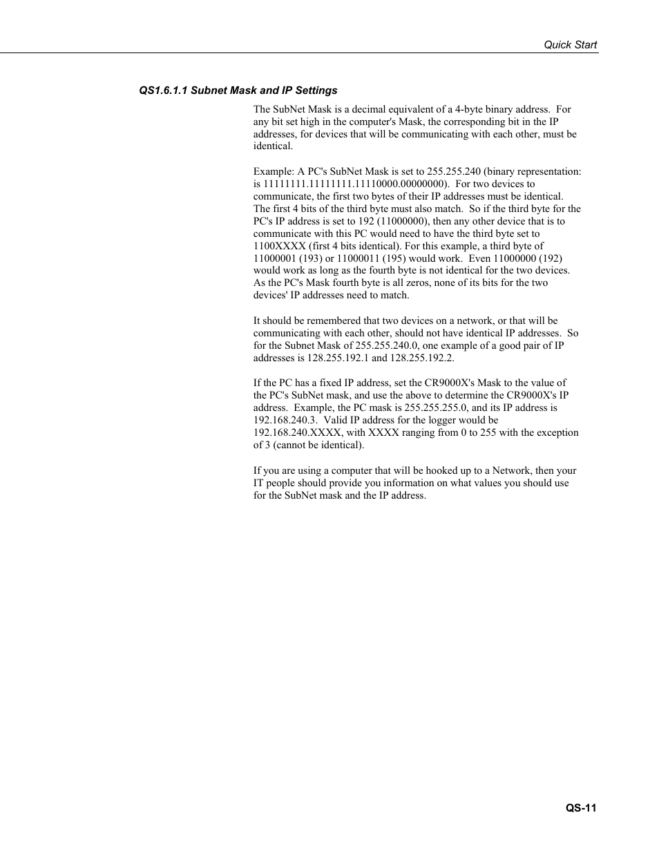 Qs1.6.1.1 subnet mask and ip settings | Campbell Scientific CR9000X Measurement and Control System User Manual | Page 19 / 442