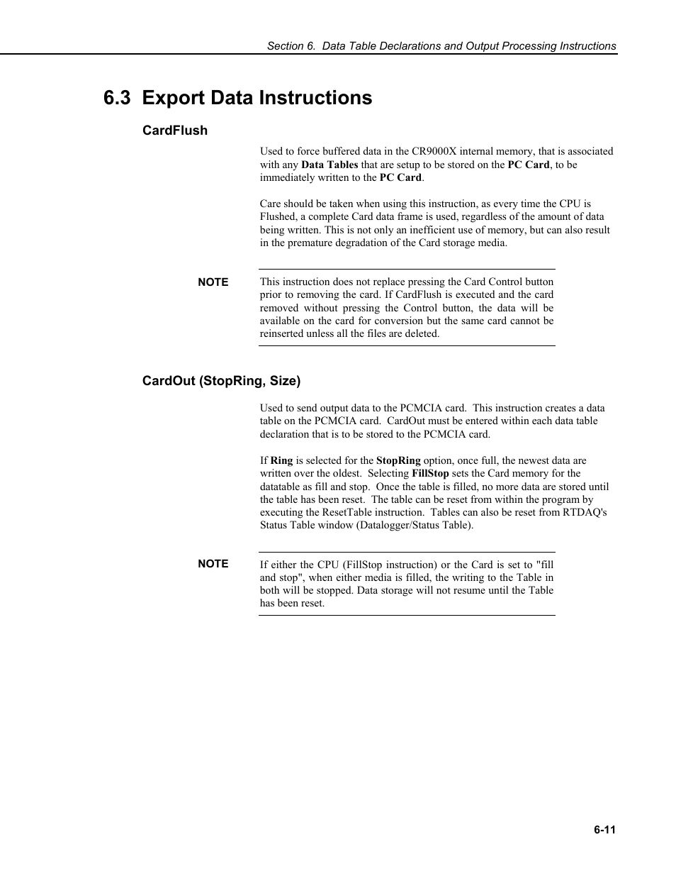 3 export data instructions, Cardflush, Cardout (stopring, size) | Campbell Scientific CR9000X Measurement and Control System User Manual | Page 195 / 442