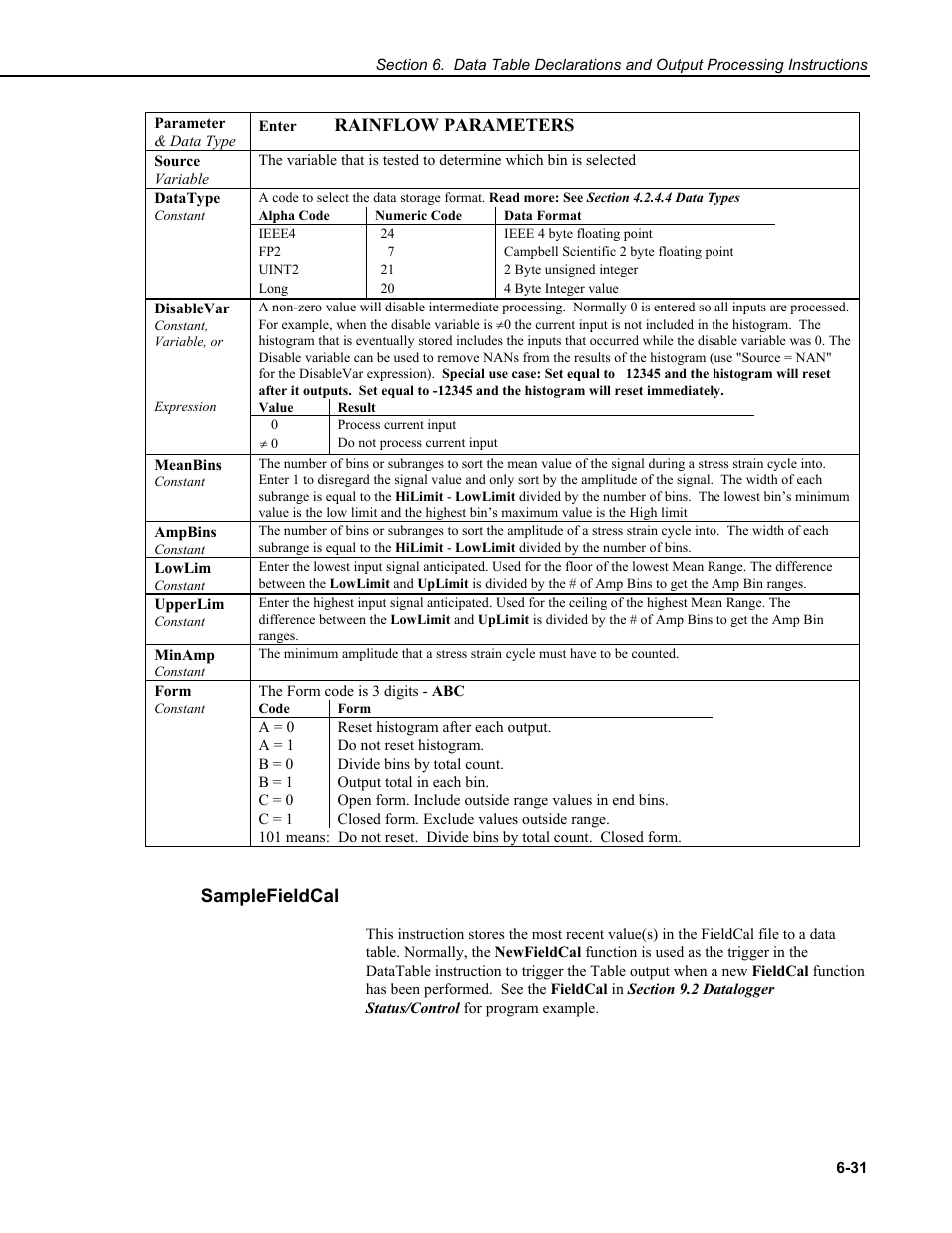 Samplefieldcal, Rainflow parameters | Campbell Scientific CR9000X Measurement and Control System User Manual | Page 215 / 442