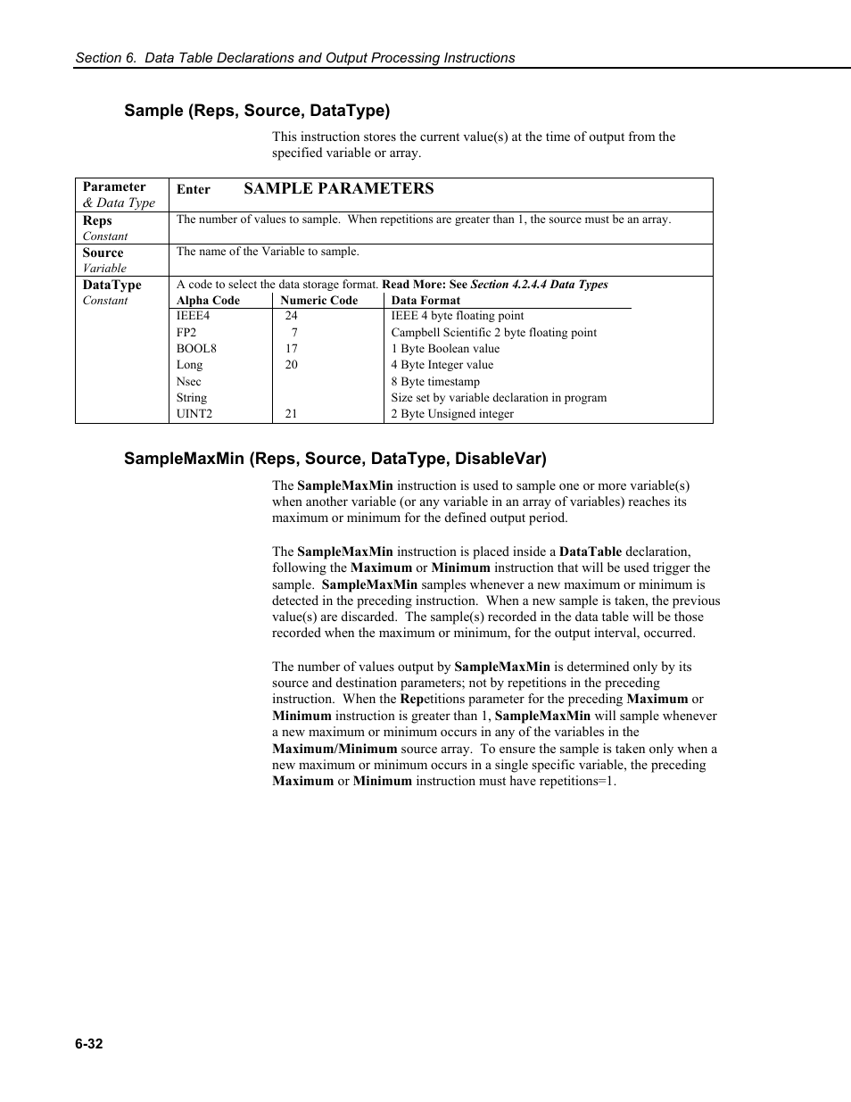 Sample (reps, source, datatype), Samplemaxmin (reps, source, datatype, disablevar) | Campbell Scientific CR9000X Measurement and Control System User Manual | Page 216 / 442