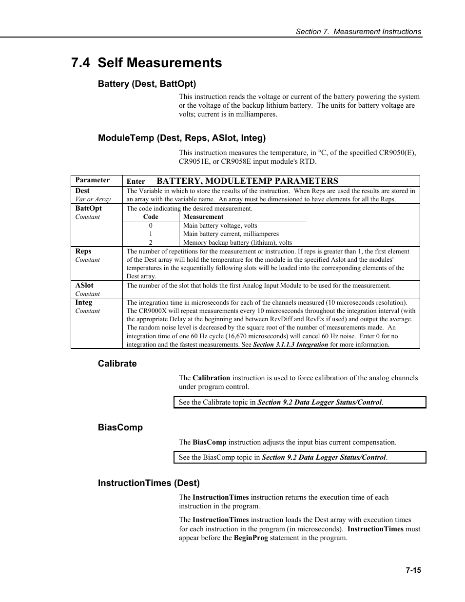 4 self measurements, Battery (dest, battopt), Moduletemp (dest, reps, aslot, integ) | Calibrate, Biascomp, Instructiontimes (dest) | Campbell Scientific CR9000X Measurement and Control System User Manual | Page 239 / 442