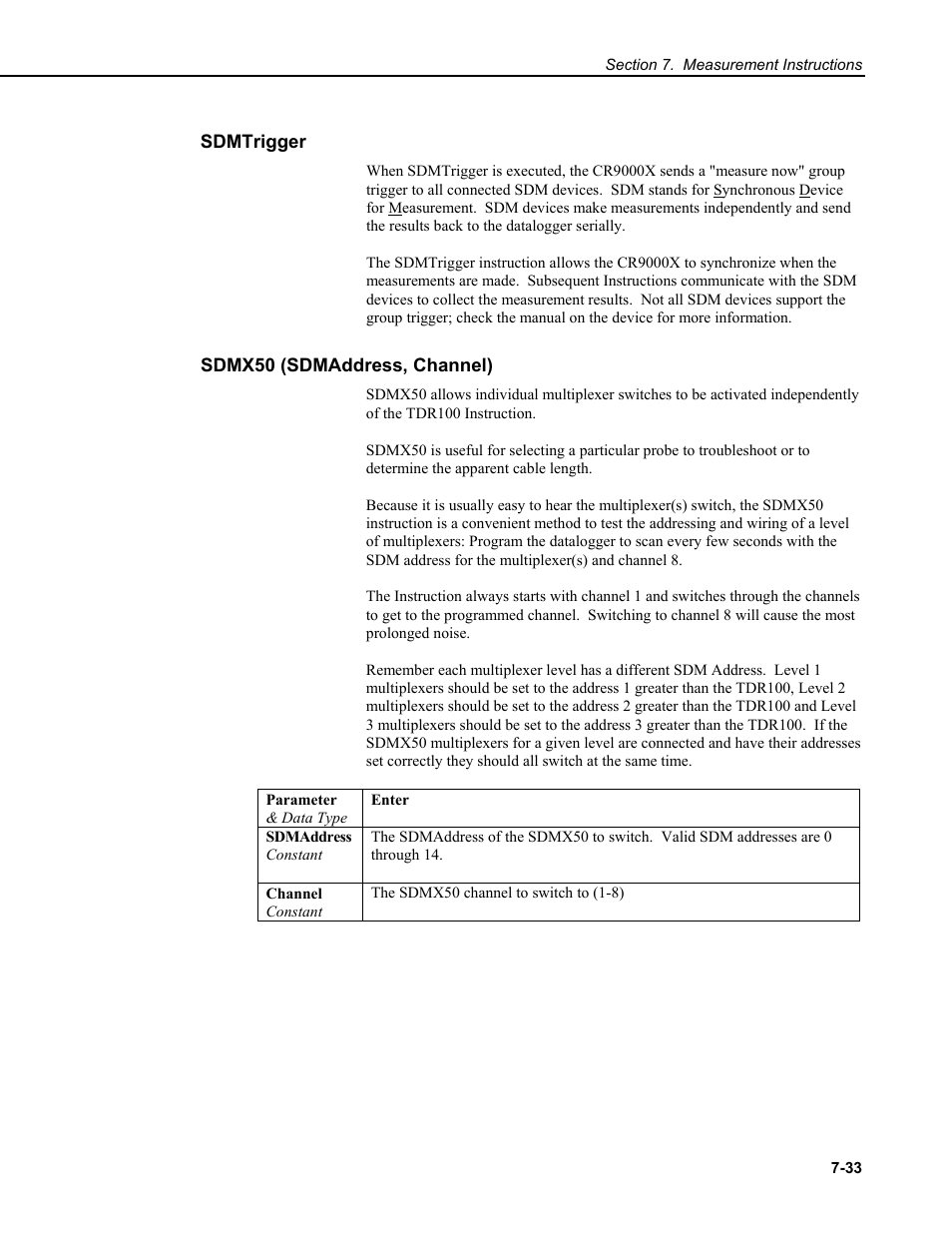 Sdmtrigger, Sdmx50 (sdmaddress, channel) | Campbell Scientific CR9000X Measurement and Control System User Manual | Page 257 / 442