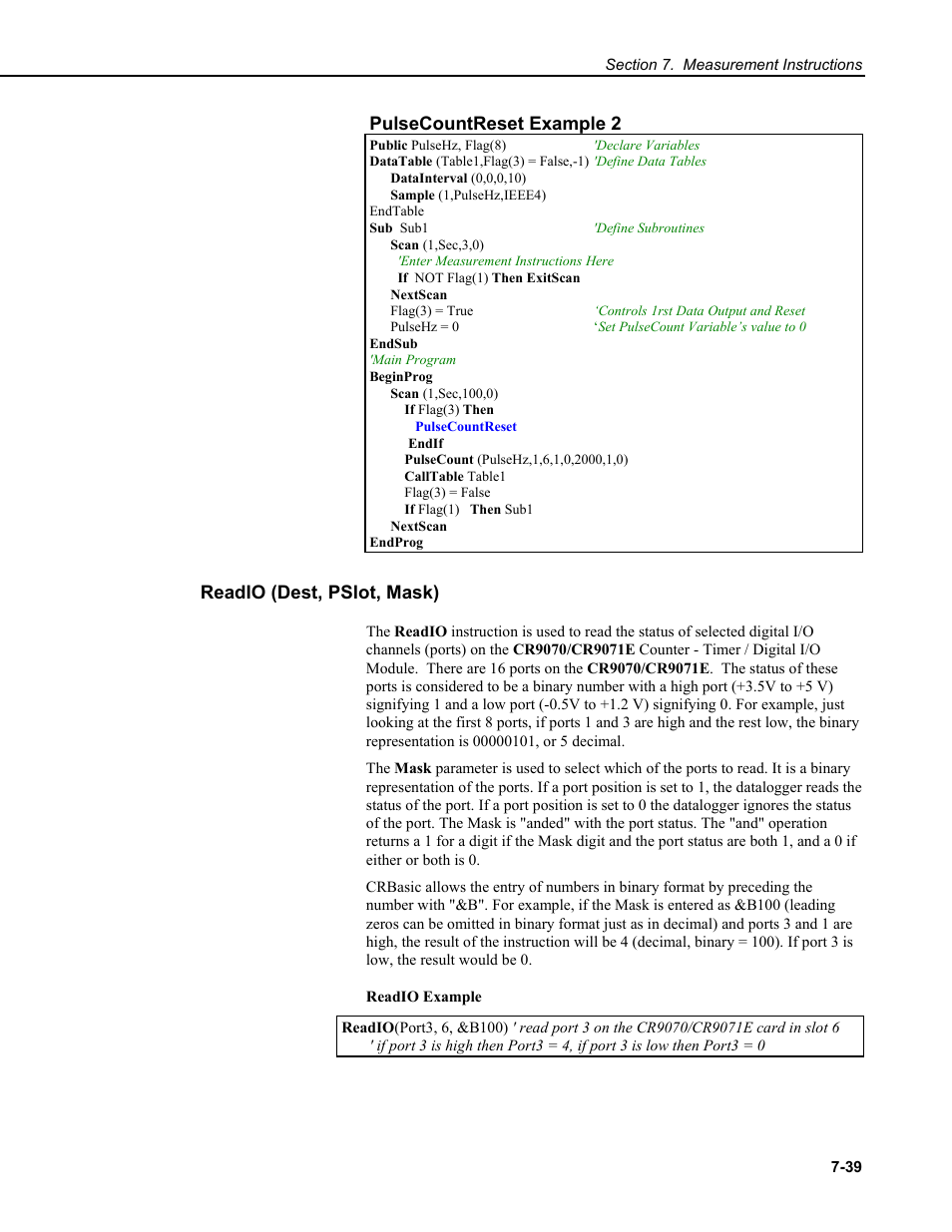 Pulsecountreset example 2, Readio (dest, pslot, mask) | Campbell Scientific CR9000X Measurement and Control System User Manual | Page 263 / 442