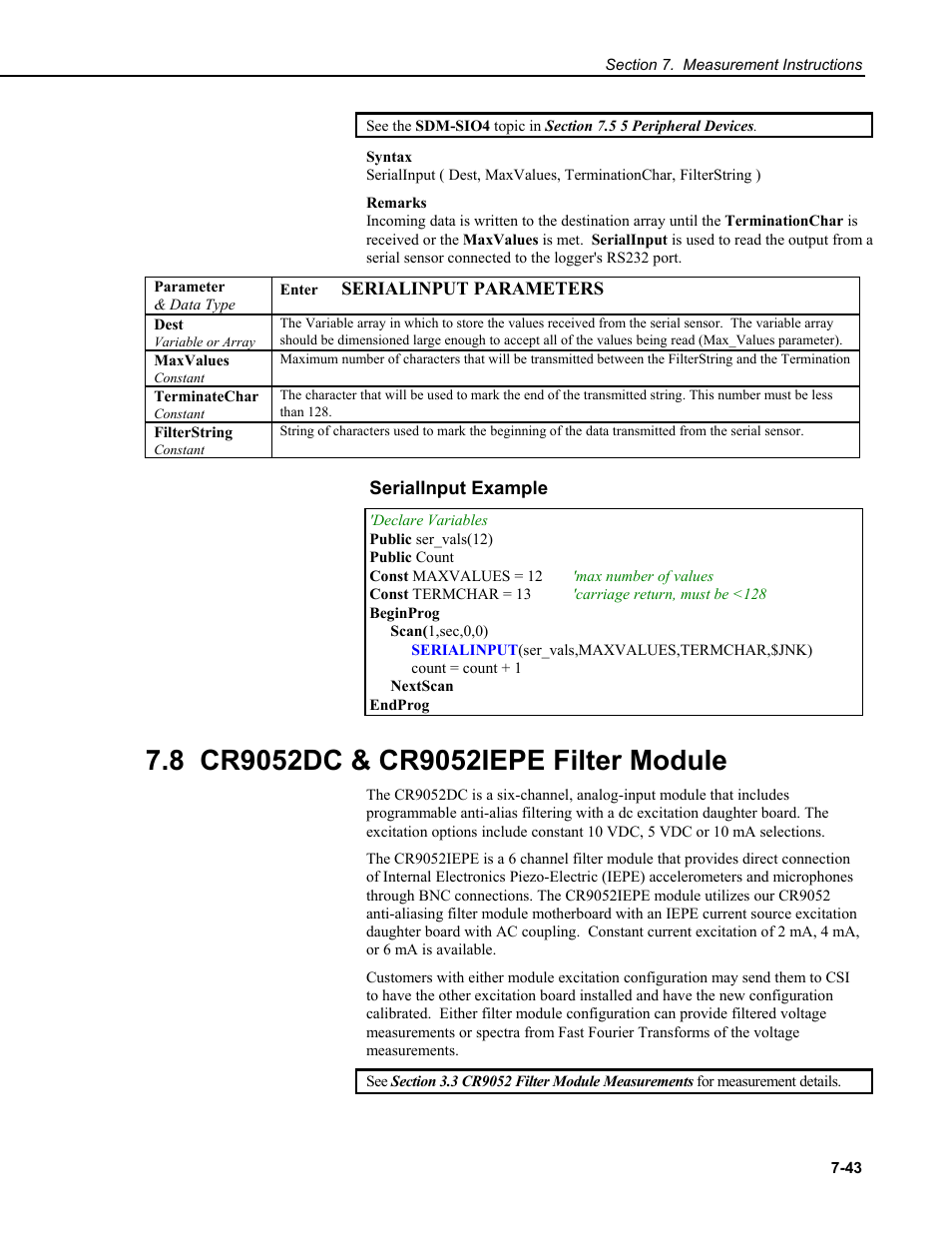 Serialinput example, 8 cr9052dc & cr9052iepe filter module | Campbell Scientific CR9000X Measurement and Control System User Manual | Page 267 / 442