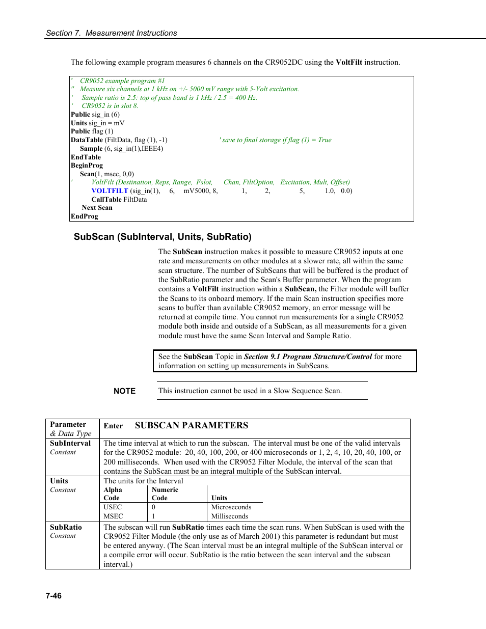 Subscan (subinterval, units, subratio), Subscan parameters | Campbell Scientific CR9000X Measurement and Control System User Manual | Page 270 / 442