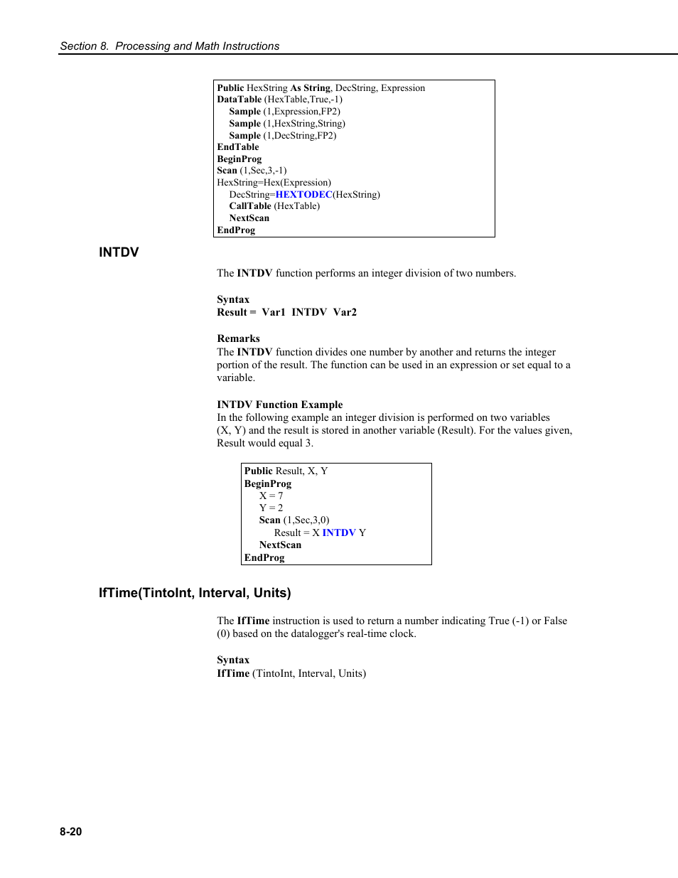 Intdv, Iftime(tintoint, interval, units), Syntax | Campbell Scientific CR9000X Measurement and Control System User Manual | Page 306 / 442