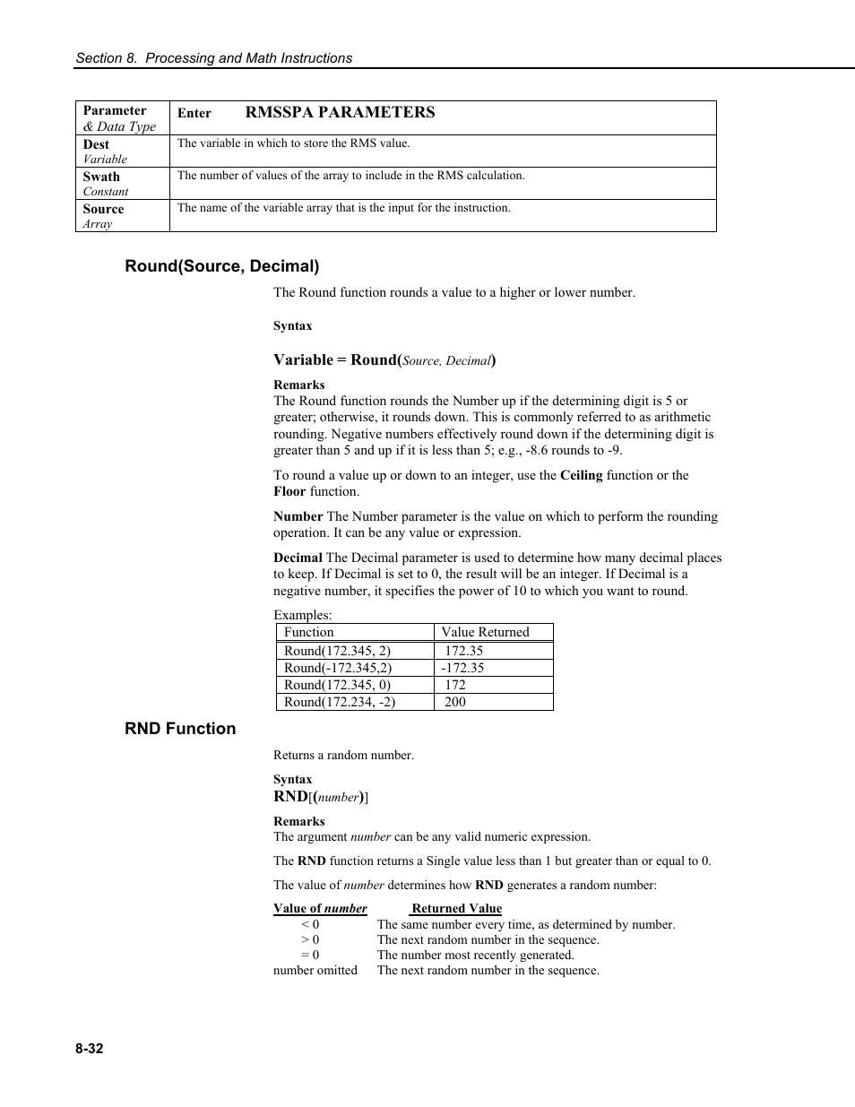 Round(source, decimal), Rnd function | Campbell Scientific CR9000X Measurement and Control System User Manual | Page 318 / 442