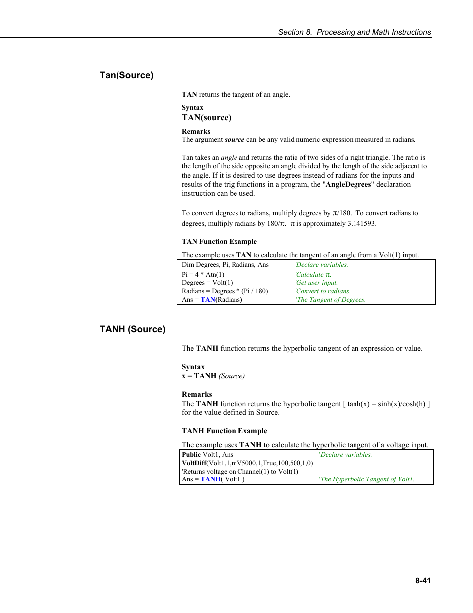 Tan(source), Tanh (source) | Campbell Scientific CR9000X Measurement and Control System User Manual | Page 327 / 442