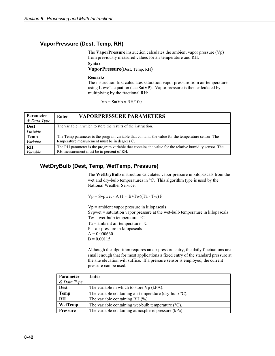 Vaporpressure (dest, temp, rh), Wetdrybulb (dest, temp, wettemp, pressure) | Campbell Scientific CR9000X Measurement and Control System User Manual | Page 328 / 442