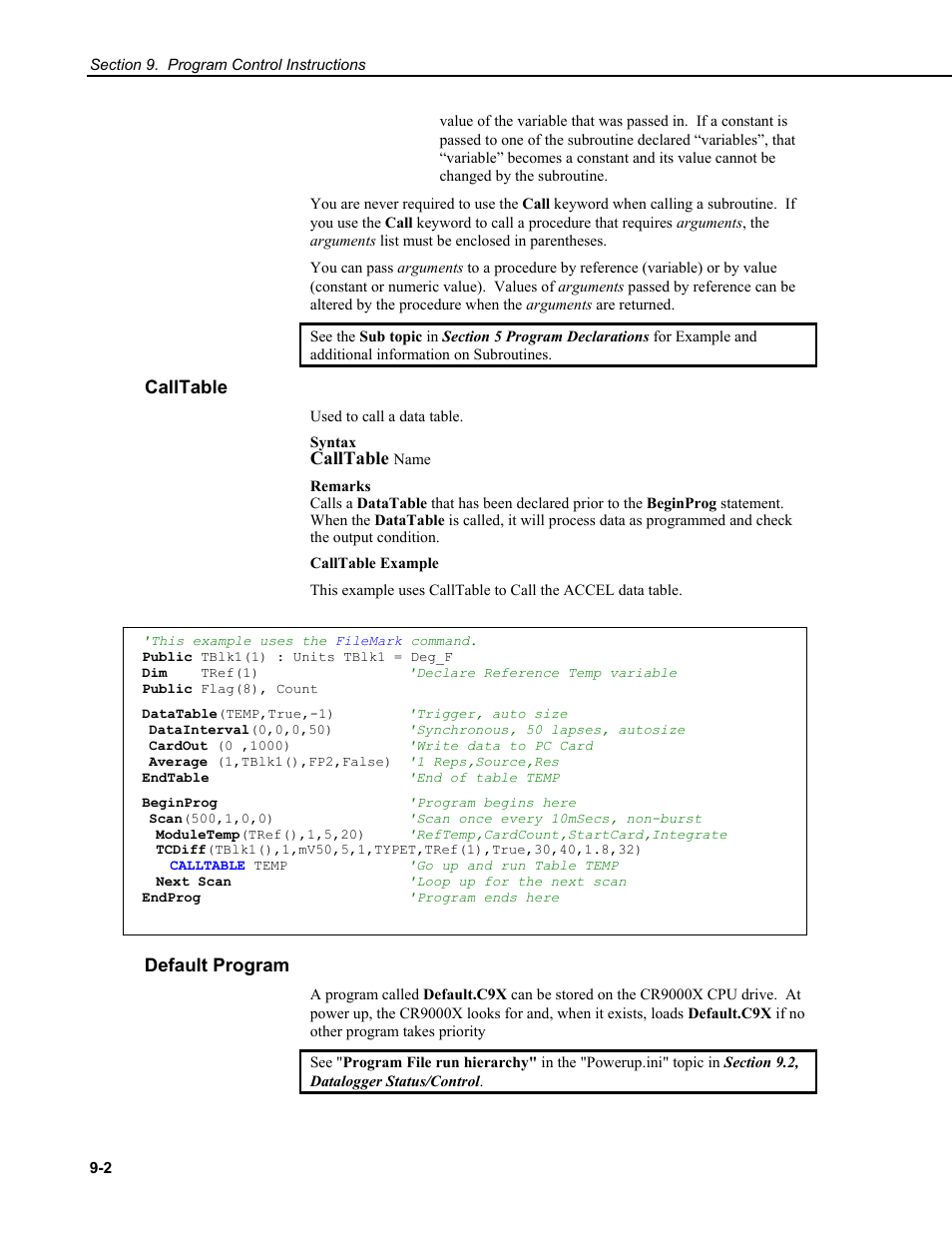 Calltable, Default program | Campbell Scientific CR9000X Measurement and Control System User Manual | Page 332 / 442
