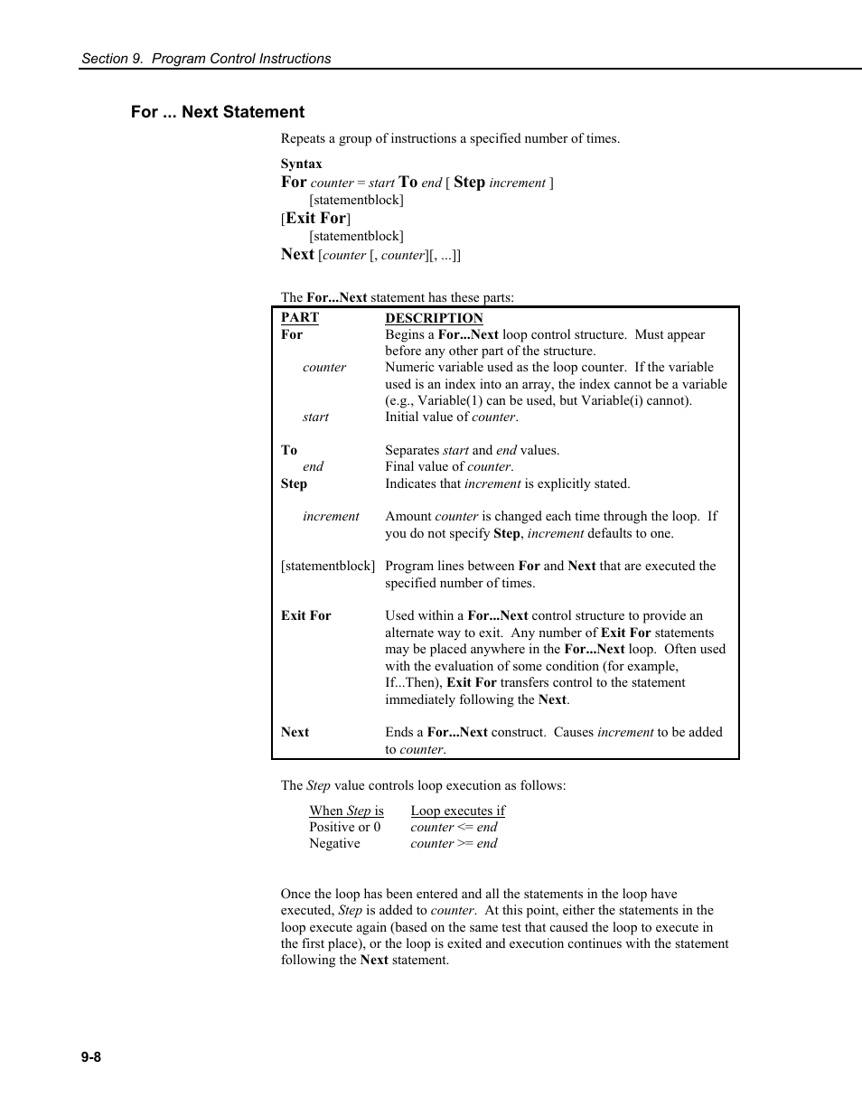 For ... next statement | Campbell Scientific CR9000X Measurement and Control System User Manual | Page 338 / 442