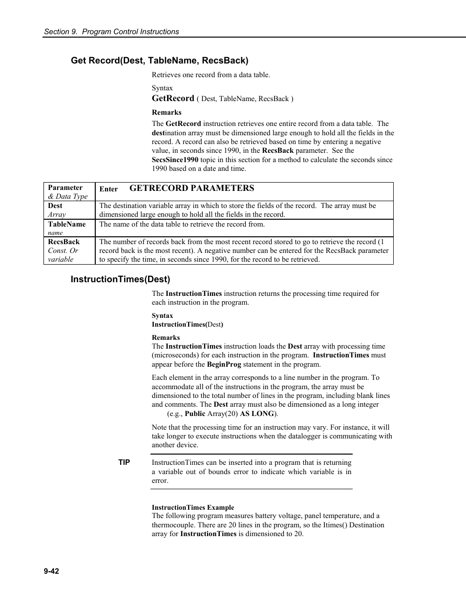 Get record(dest, tablename, recsback), Instructiontimes(dest) | Campbell Scientific CR9000X Measurement and Control System User Manual | Page 372 / 442