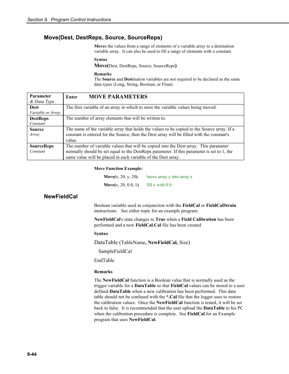 Move(dest, destreps, source, sourcereps), Newfieldcal | Campbell Scientific CR9000X Measurement and Control System User Manual | Page 374 / 442