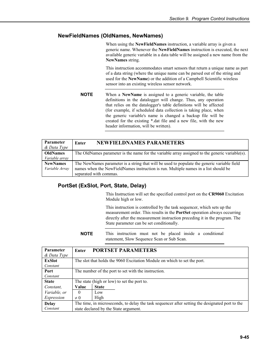 Newfieldnames (oldnames, newnames), Portset (exslot, port, state, delay) | Campbell Scientific CR9000X Measurement and Control System User Manual | Page 375 / 442