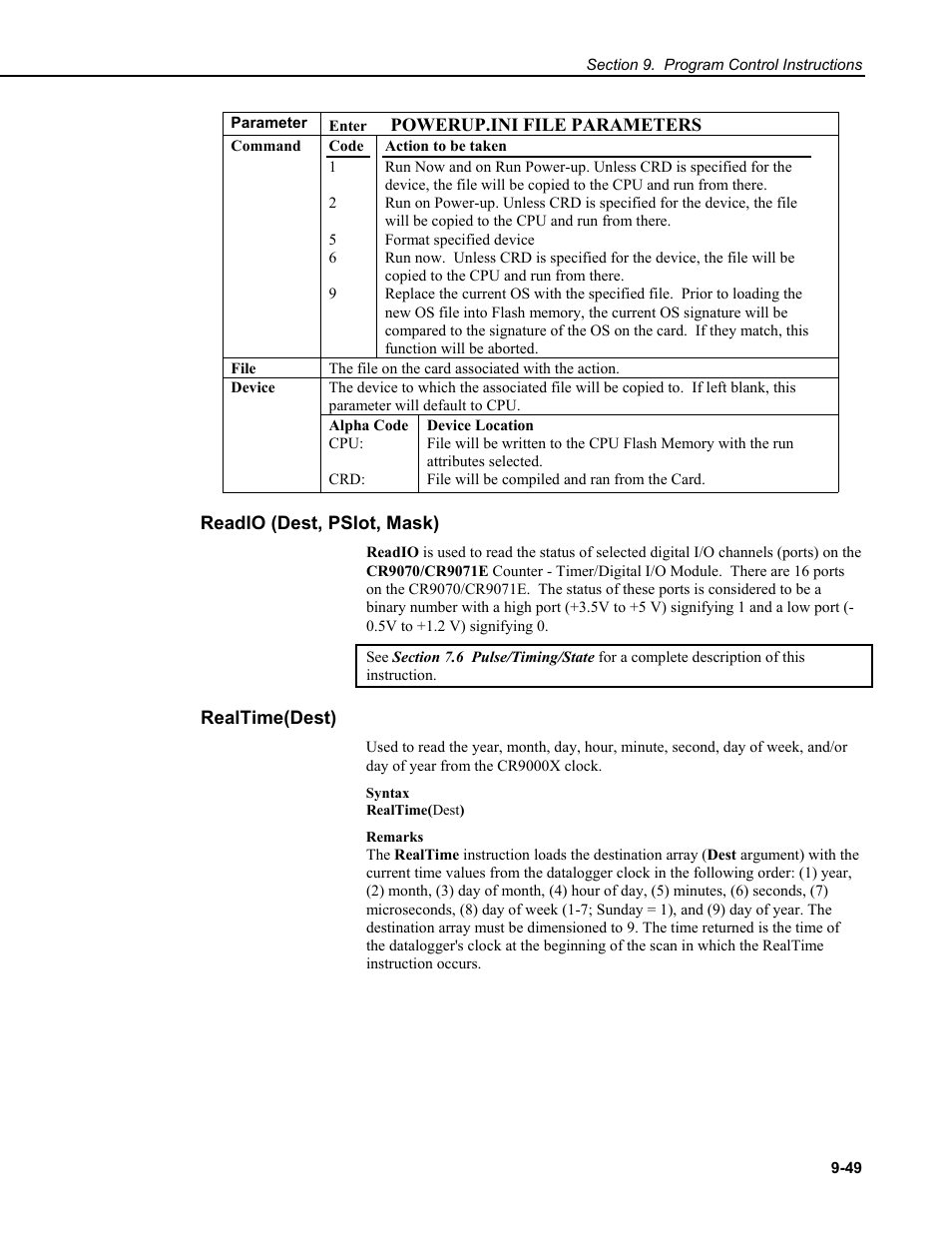 Readio (dest, pslot, mask), Realtime(dest) | Campbell Scientific CR9000X Measurement and Control System User Manual | Page 379 / 442