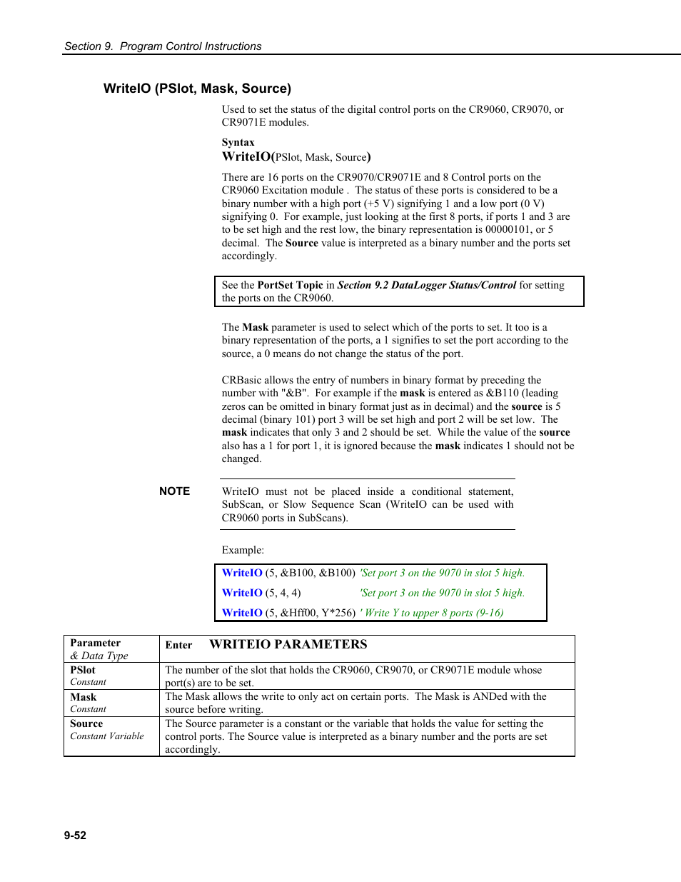 Writeio (pslot, mask, source) | Campbell Scientific CR9000X Measurement and Control System User Manual | Page 382 / 442