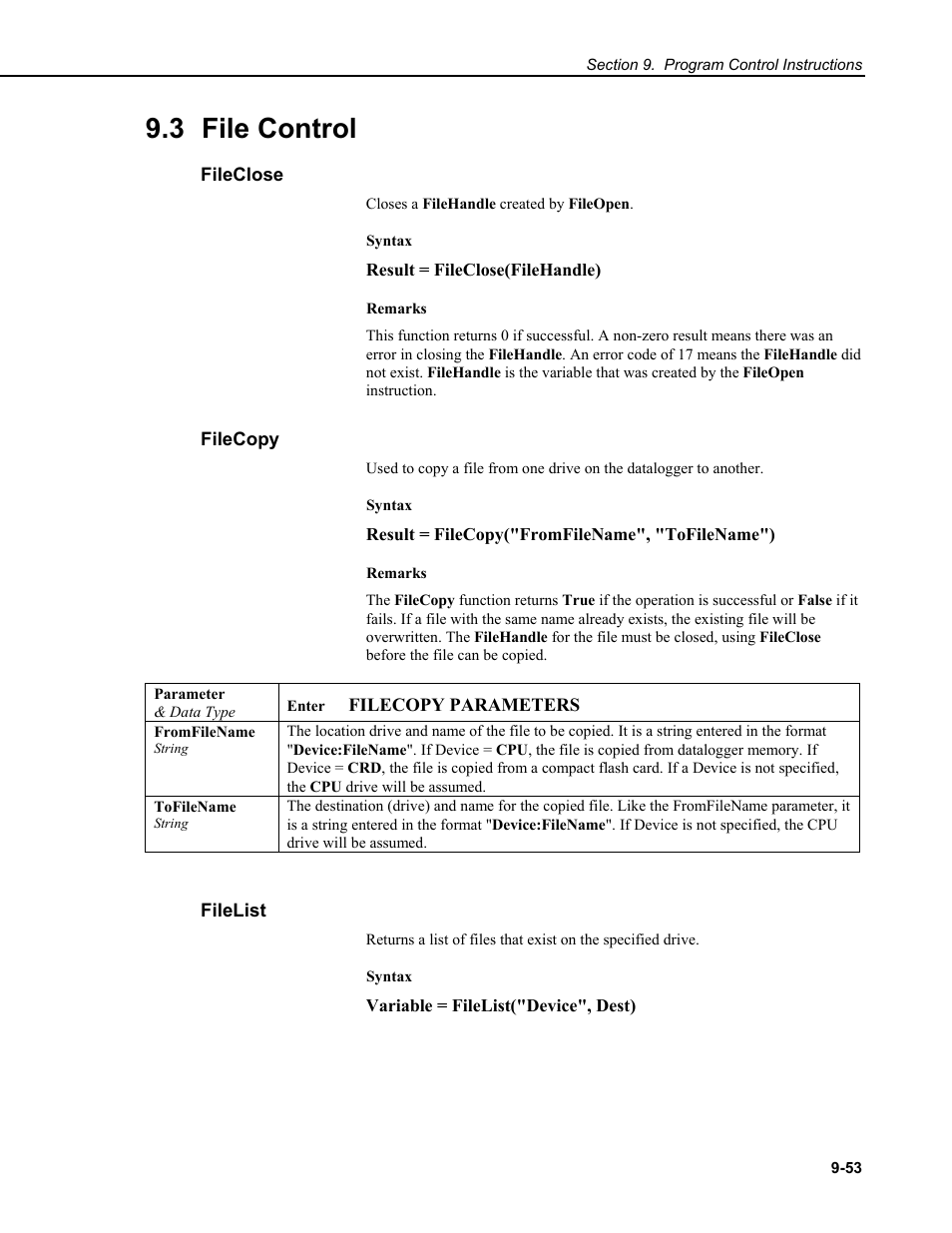 3 file control, Fileclose, Filecopy | Filelist | Campbell Scientific CR9000X Measurement and Control System User Manual | Page 383 / 442