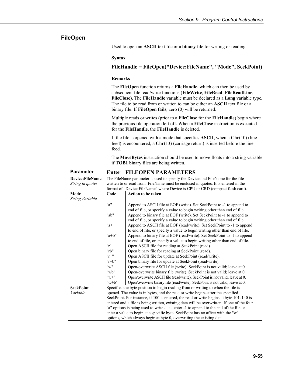 Fileopen, Enter fileopen parameters | Campbell Scientific CR9000X Measurement and Control System User Manual | Page 385 / 442