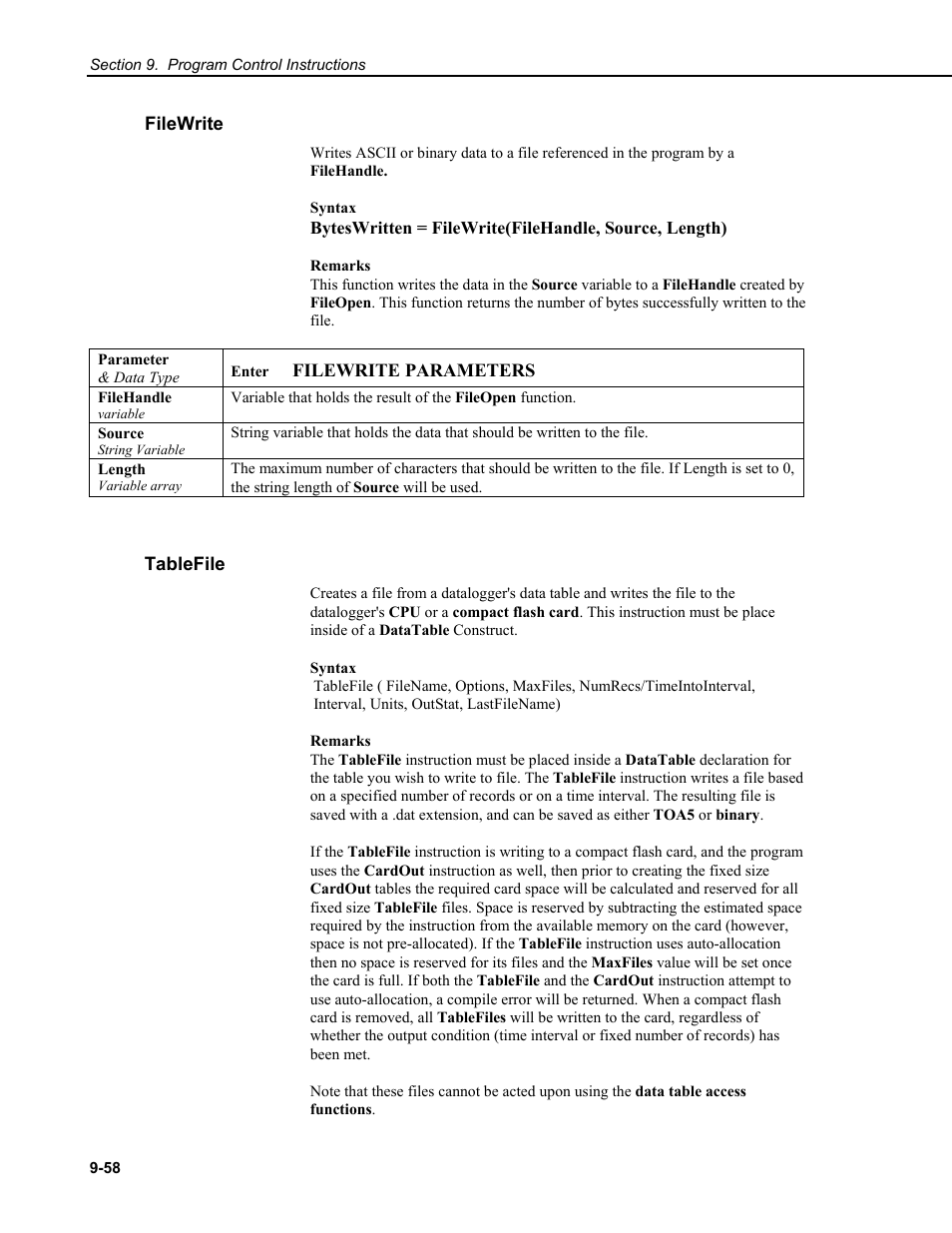 Filewrite, Tablefile | Campbell Scientific CR9000X Measurement and Control System User Manual | Page 388 / 442