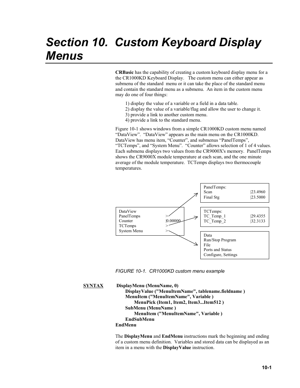 Section 10. custom keyboard display menus | Campbell Scientific CR9000X Measurement and Control System User Manual | Page 391 / 442