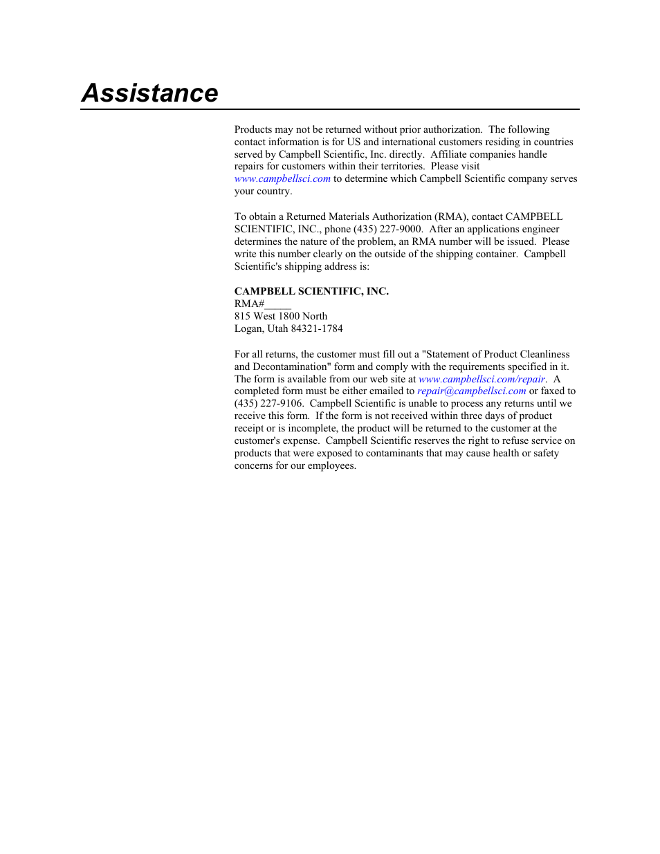 Assistance | Campbell Scientific CR9000X Measurement and Control System User Manual | Page 4 / 442