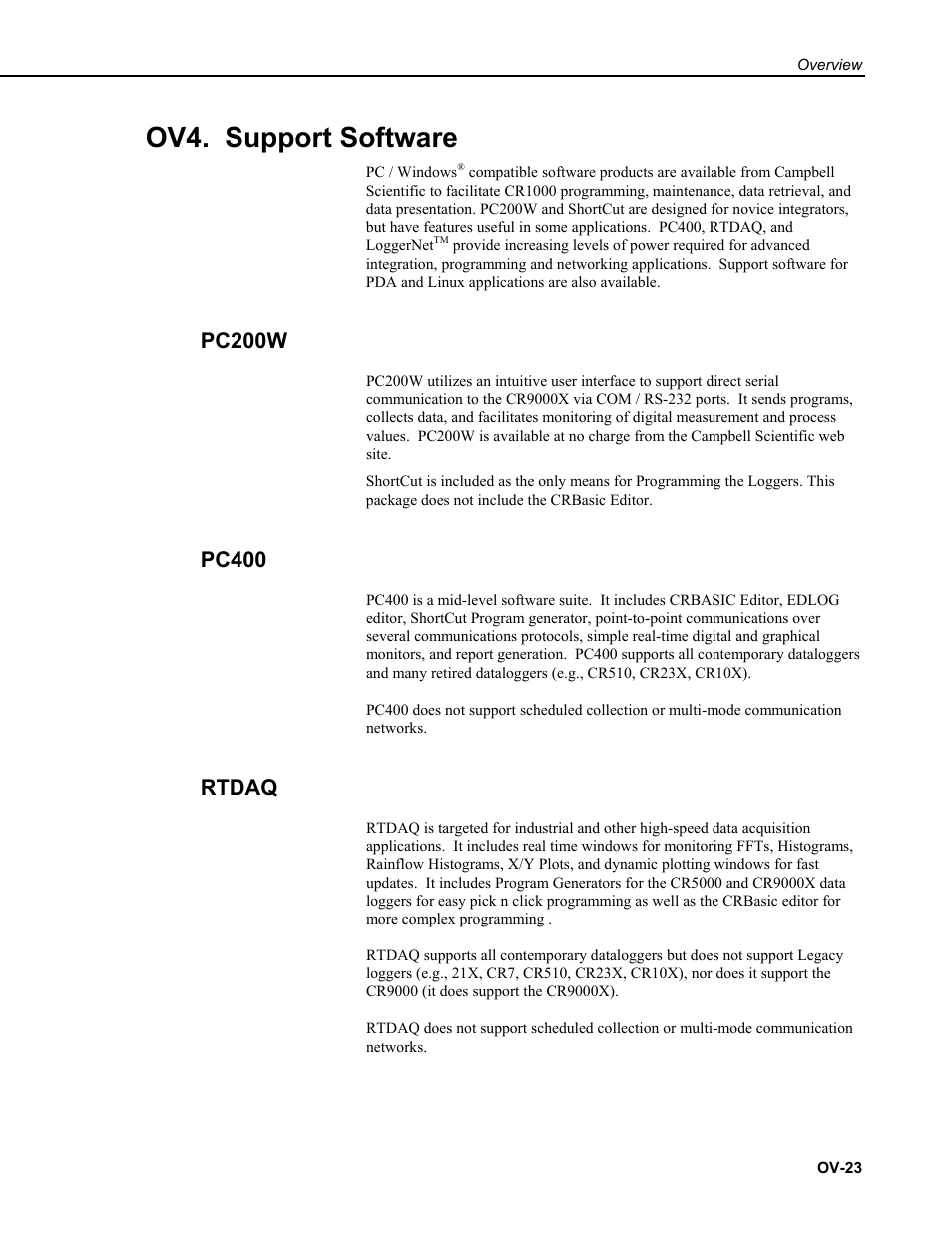 Ov4. support software, Pc200w, Pc400 | Rtdaq | Campbell Scientific CR9000X Measurement and Control System User Manual | Page 55 / 442