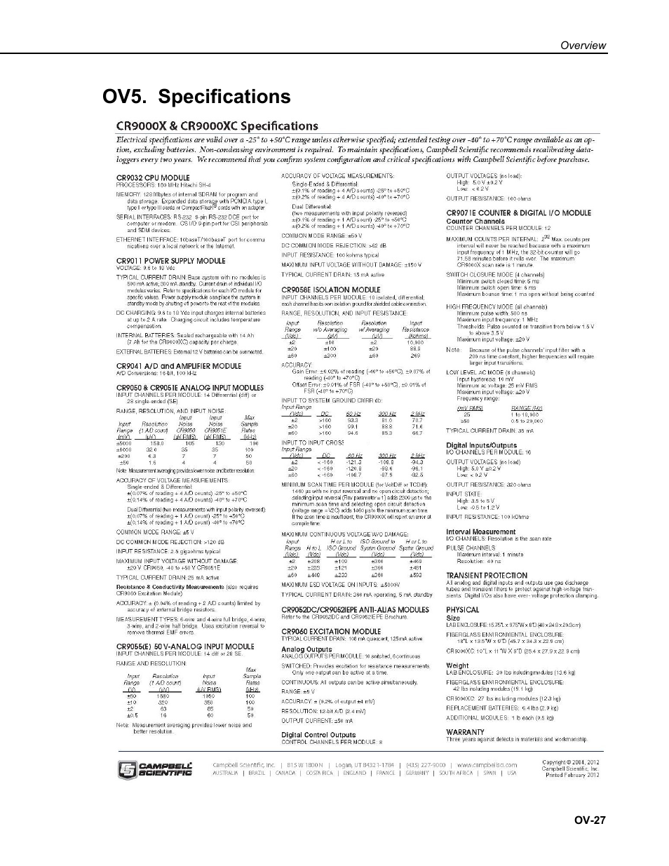 Ov5. specifications | Campbell Scientific CR9000X Measurement and Control System User Manual | Page 59 / 442