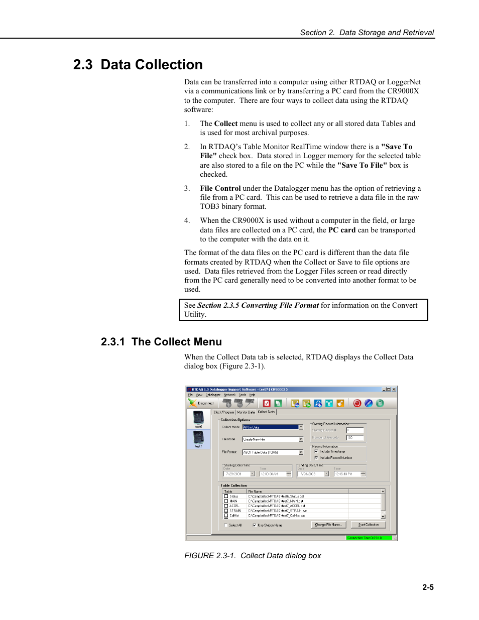 3 data collection, 1 the collect menu | Campbell Scientific CR9000X Measurement and Control System User Manual | Page 77 / 442