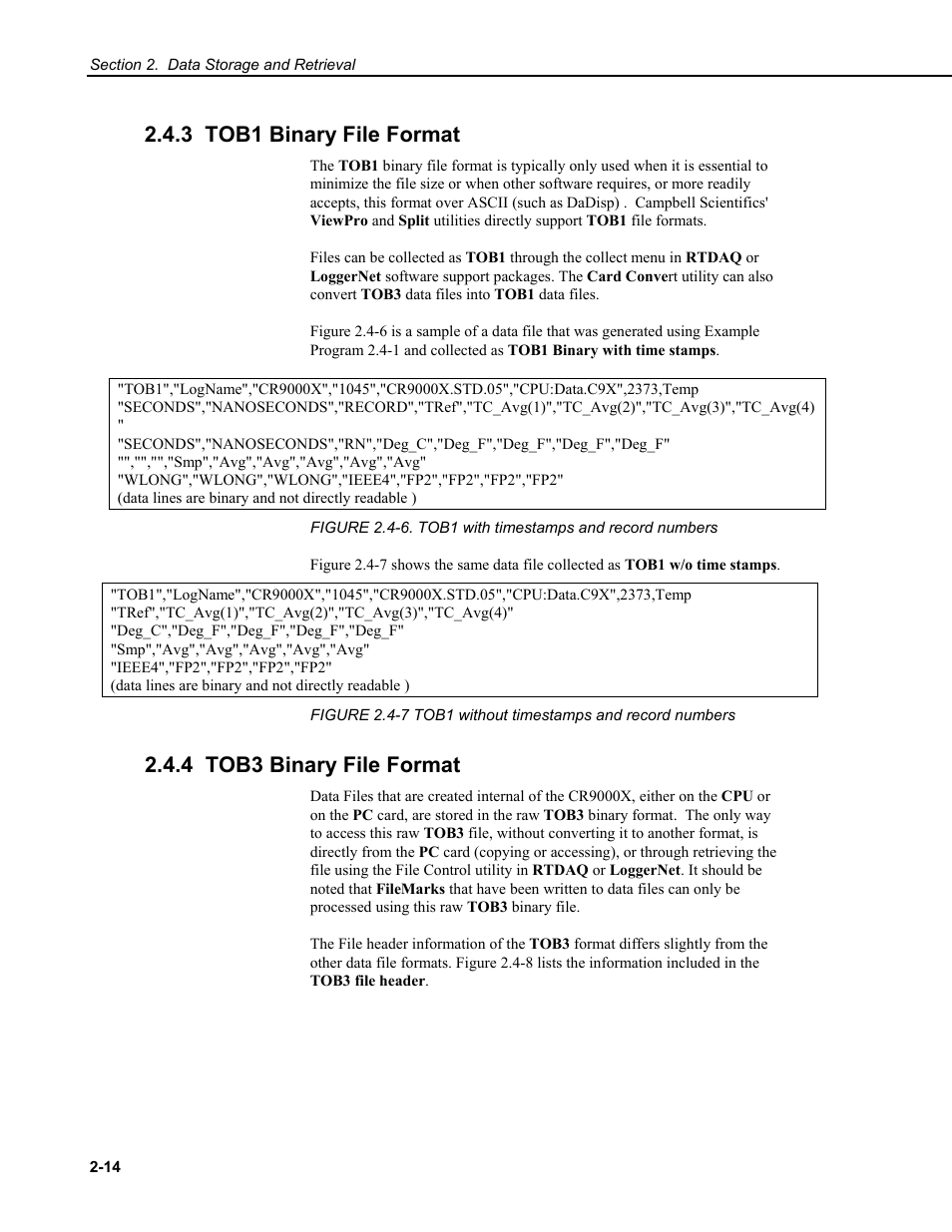 3 tob1 binary file format, 4 tob3 binary file format | Campbell Scientific CR9000X Measurement and Control System User Manual | Page 86 / 442