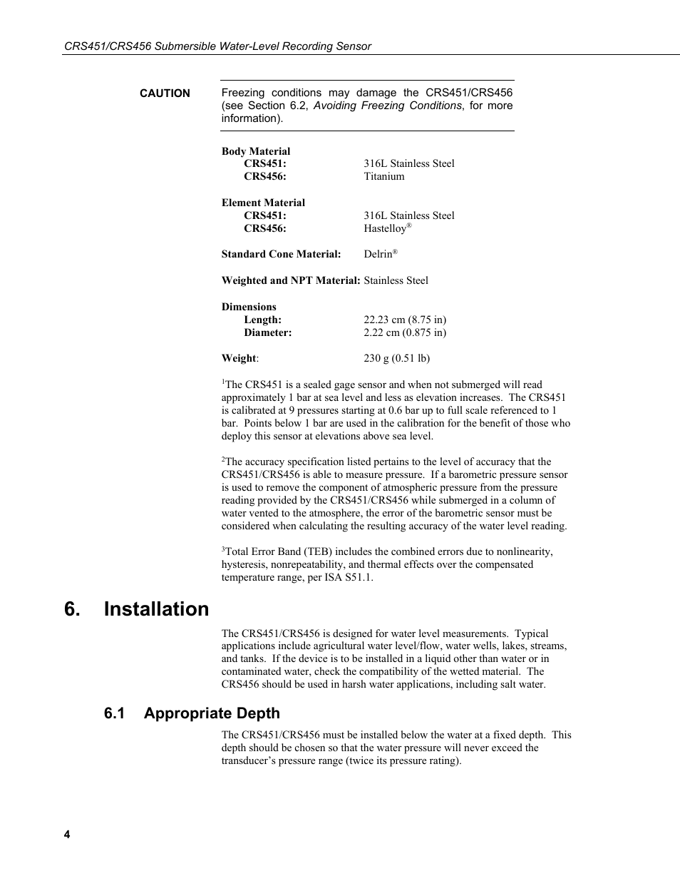 Installation, 1 appropriate depth, Appropriate depth | Campbell Scientific CRS451/CRS456 Submersible Water-Level Recording Sensor User Manual | Page 10 / 38
