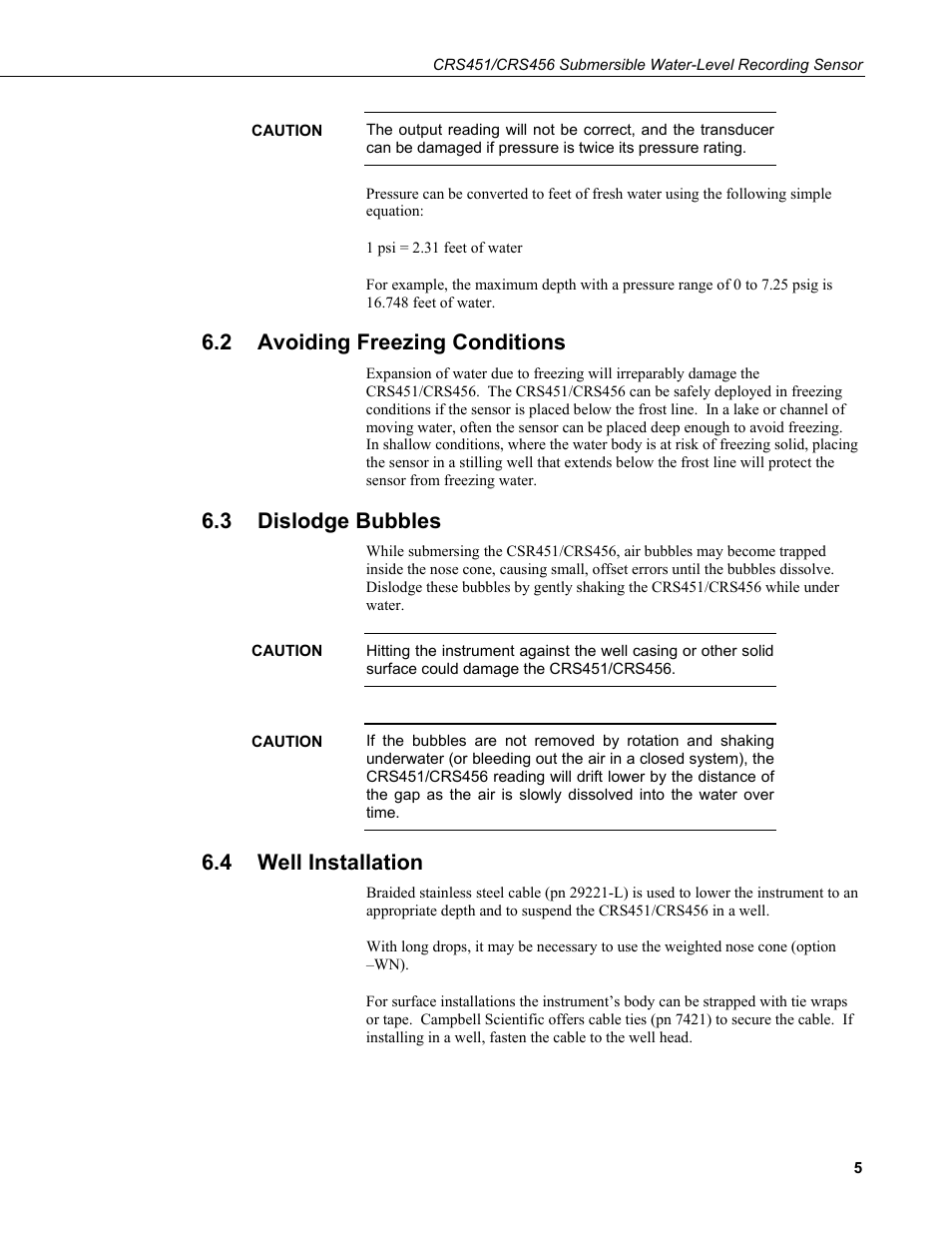 2 avoiding freezing conditions, 3 dislodge bubbles, 4 well installation | Avoiding freezing conditions, Dislodge bubbles, Well installation, Other installations | Campbell Scientific CRS451/CRS456 Submersible Water-Level Recording Sensor User Manual | Page 11 / 38