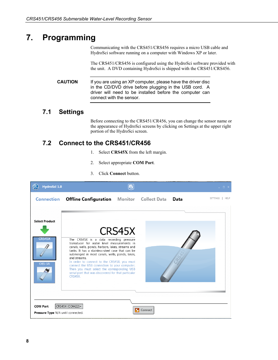 Programming, 1 settings, 2 connect to the crs451/cr456 | Settings, Connect to the crs451/cr456 | Campbell Scientific CRS451/CRS456 Submersible Water-Level Recording Sensor User Manual | Page 14 / 38