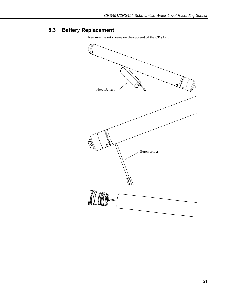 3 battery replacement, Battery replacement | Campbell Scientific CRS451/CRS456 Submersible Water-Level Recording Sensor User Manual | Page 27 / 38