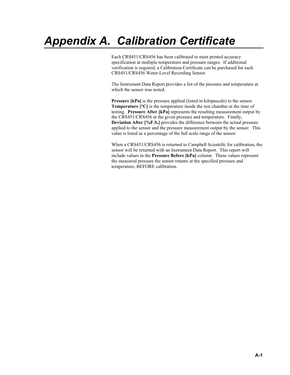 Appendix a. calibration certificate | Campbell Scientific CRS451/CRS456 Submersible Water-Level Recording Sensor User Manual | Page 33 / 38