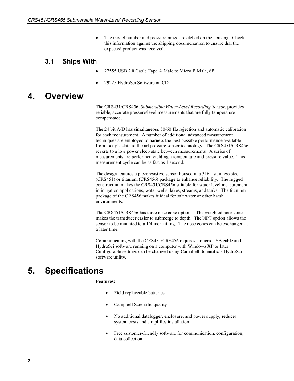 1 ships with, Overview, Specifications | Ships with | Campbell Scientific CRS451/CRS456 Submersible Water-Level Recording Sensor User Manual | Page 8 / 38