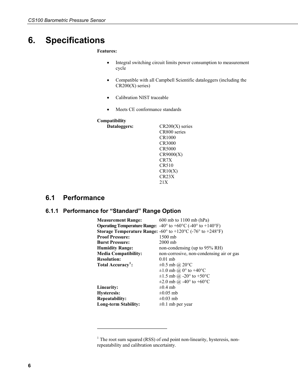 Specifications, 1 performance, 1 performance for “standard” range option | Performance, Performance for “standard” range option | Campbell Scientific CS100 Barometric Pressure Sensor User Manual | Page 12 / 24