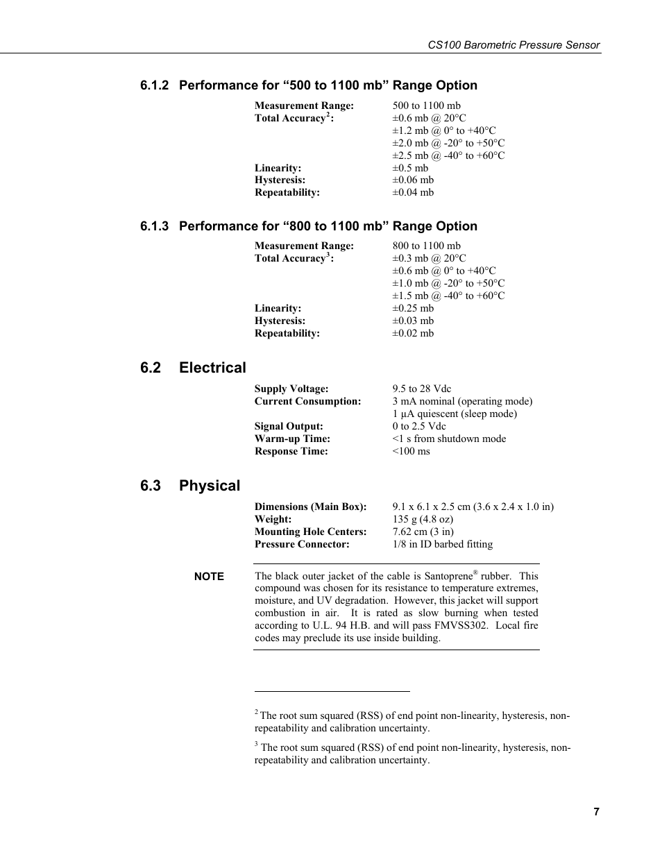 2 performance for “500 to 1100 mb” range option, 3 performance for “800 to 1100 mb” range option, 2 electrical | 3 physical, Performance for “500 to 1100 mb” range option, Performance for “800 to 1100 mb” range option, Electrical, Physical | Campbell Scientific CS100 Barometric Pressure Sensor User Manual | Page 13 / 24