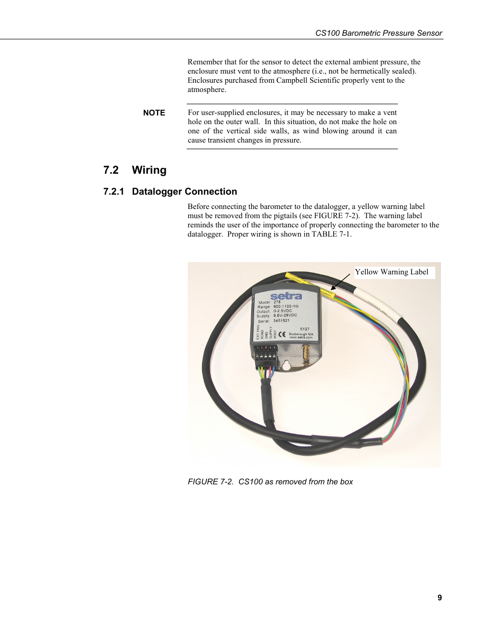 2 wiring, 1 datalogger connection, Wiring | Datalogger connection, 2. cs100 as removed from the box | Campbell Scientific CS100 Barometric Pressure Sensor User Manual | Page 15 / 24