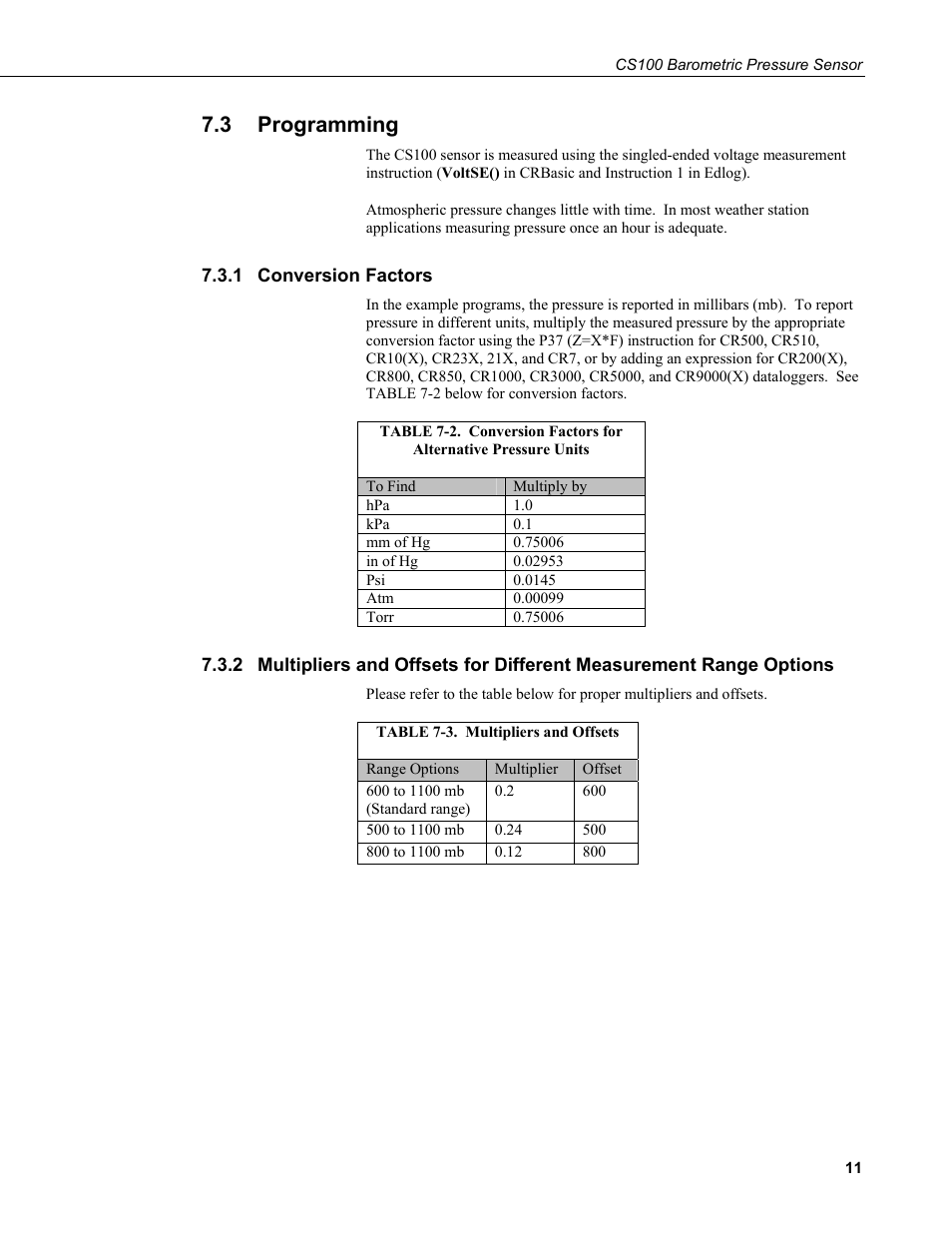 3 programming, 1 conversion factors, Programming | Conversion factors, Options, 3. multipliers, And offsets | Campbell Scientific CS100 Barometric Pressure Sensor User Manual | Page 17 / 24